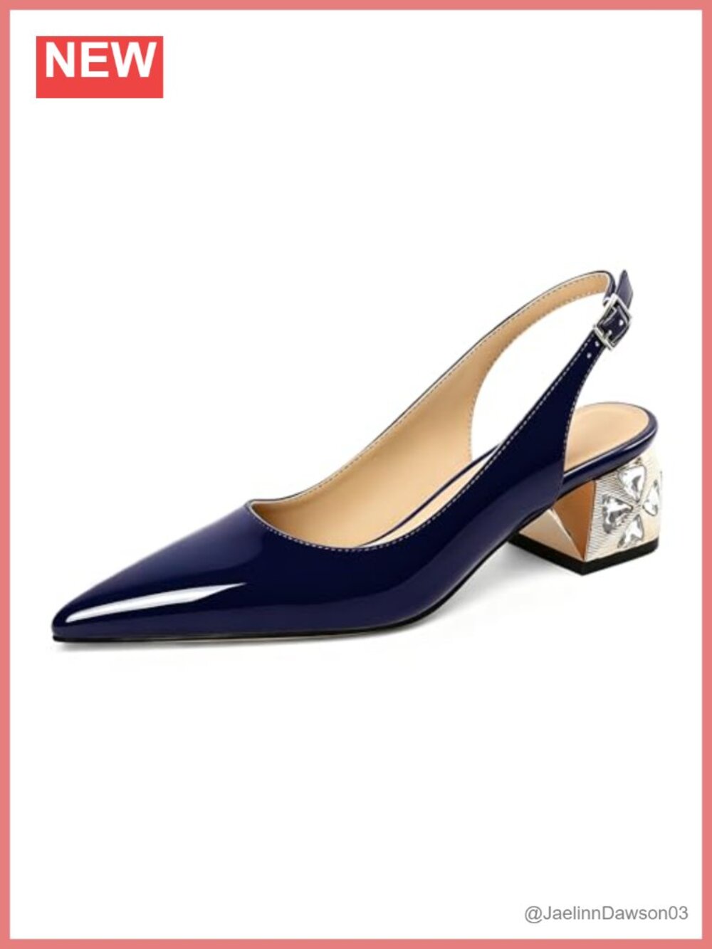 Womens Chunky Block Heel Slingback Pumps Pointed Toe Rhinestone Comfortable 2in